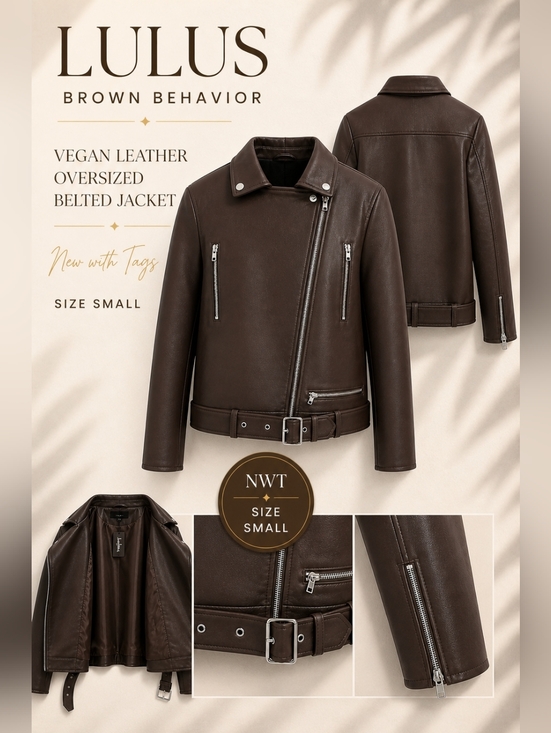 Lulus Jackets & Blazers - Lulus Brown Behavior Vegan Leather Moto Jacket Oversized Belted NWT Small